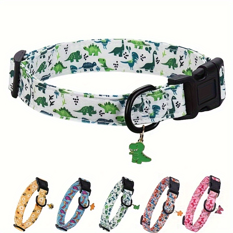 

Adjustable Polyester Dog Collar With Bee & Dinosaur Print And Pendant - For Small To Medium Breeds