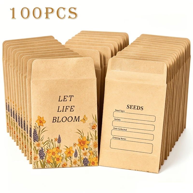 TEMU 100pcs Sachet de graines de fleurs , enveloppe auto-adhésive, sac de stockage de graines florales de pour jardin, bureau, fournitures de fête,