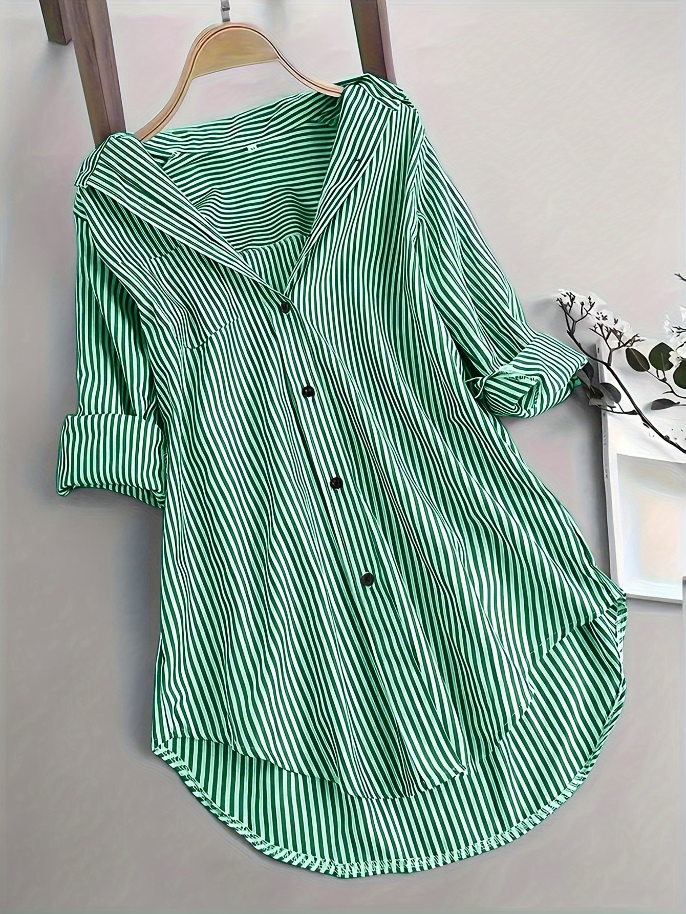 womens casual striped long sleeve button up shirt polyester machine washable non stretch fabric details 8