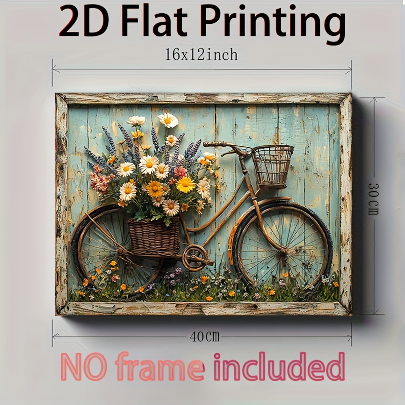 E-shop 2D Flach, 2D Flach, 2D Flach Vintage Fahrrad mit Blumenkorb Poster, Rustikale Holz Hintergrund Kunst Wandkunst, Romantischer Garten Stil