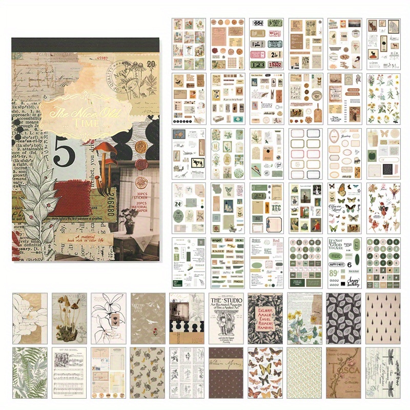 E-shop 50 Blatt vorgeschnittene Washi-Sticker und dekorative Papiere Buch für Journaling, Scrapbooking-Zubehör, Stempel, Notizen Muster Ephemera für