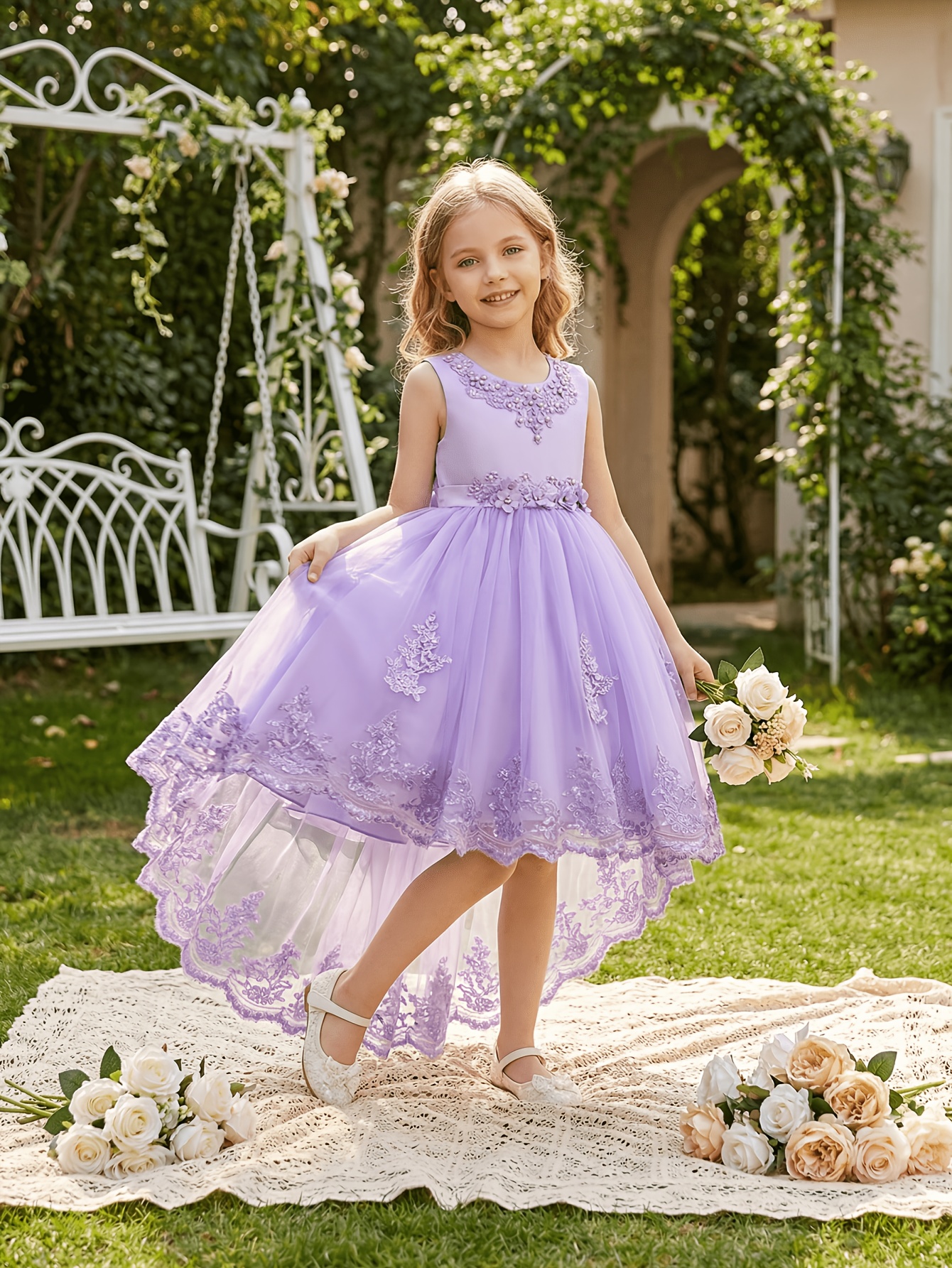 form fitting wedding guest dress Girls' Floral Embroidered Tulle Strap Sleeveless Maxi Dress in Blue –  2BUNNIES main image 1