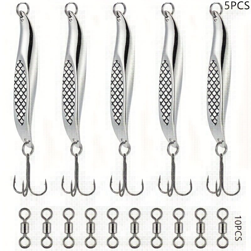 5pcs Sea Fishing Spinners Wedge Lures Metal Jigs Spoon Treble Hook With 10 Swivels Casting For Cod Mackerel Silver