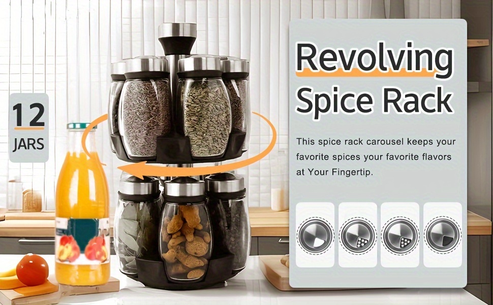 12-Jar Double Deck Rotary Spice Rack Organizer, Glass Countertop Spice Holder with Step Shelf, Reusable Labels & Funnels, Multifunctional Kitchen Spice Storage System