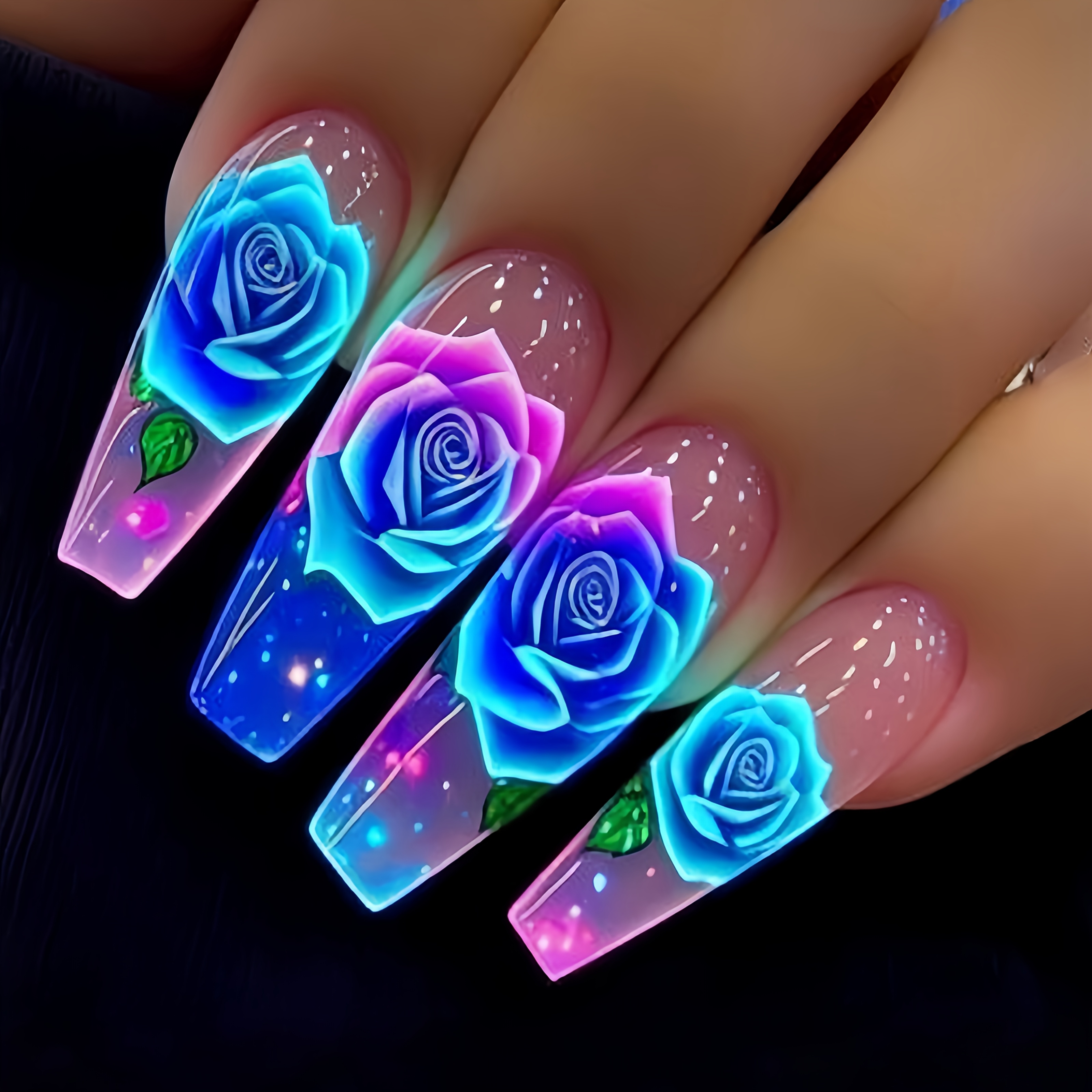 Long Ballet-style Nails For Year And Spring/summer Fashion, Featuring Colorful Gradient Flower Nail Stickers. This Set Includes 24 Removable Nail Tips, Beautiful Press-on Nails In Shades Of Blue
