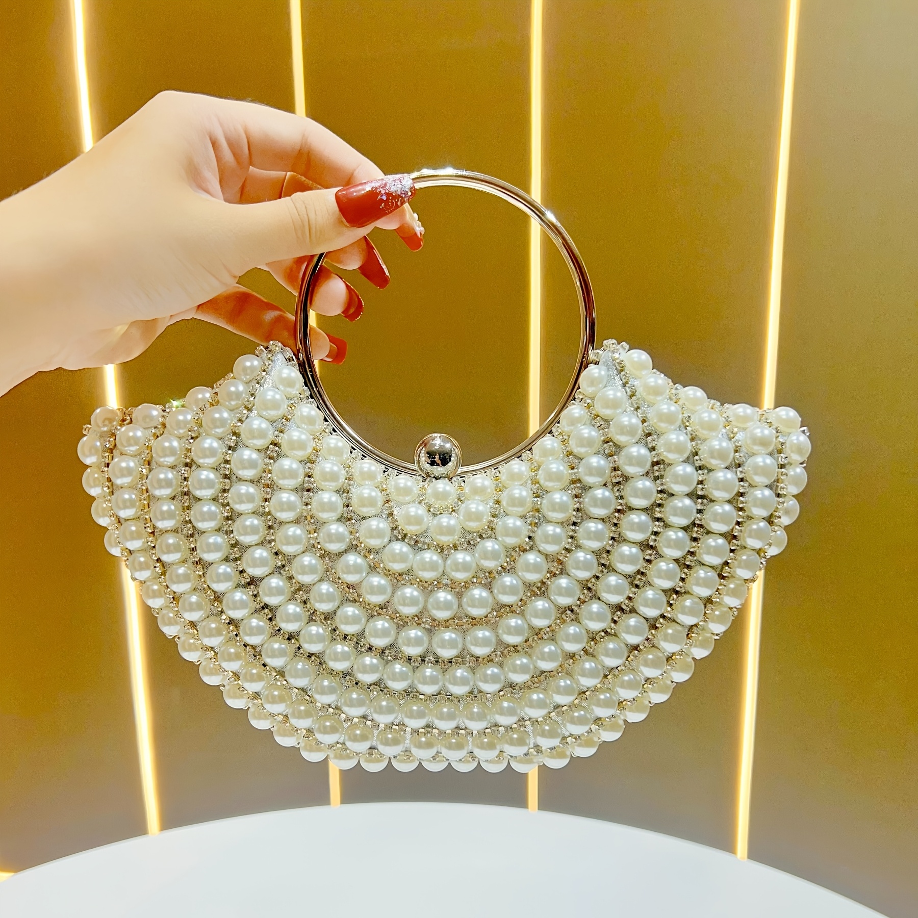 Elegant Women'S Pearl-Embellished Crossbody Bag with Detachable Shoulder Strap - Golden-Tone Metallic Strap, Beaded Detail, Versatile for Weddings, Daily Outings & Formal Events - Perfect Gift for Her, Wedding Accessory, Sophisticated Style, Pearl Embellishments