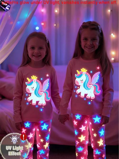 girls fluorescent casual cartoon unicorn print long sleeve t shirt and long pants 2pcs set this product is fluorescent under light