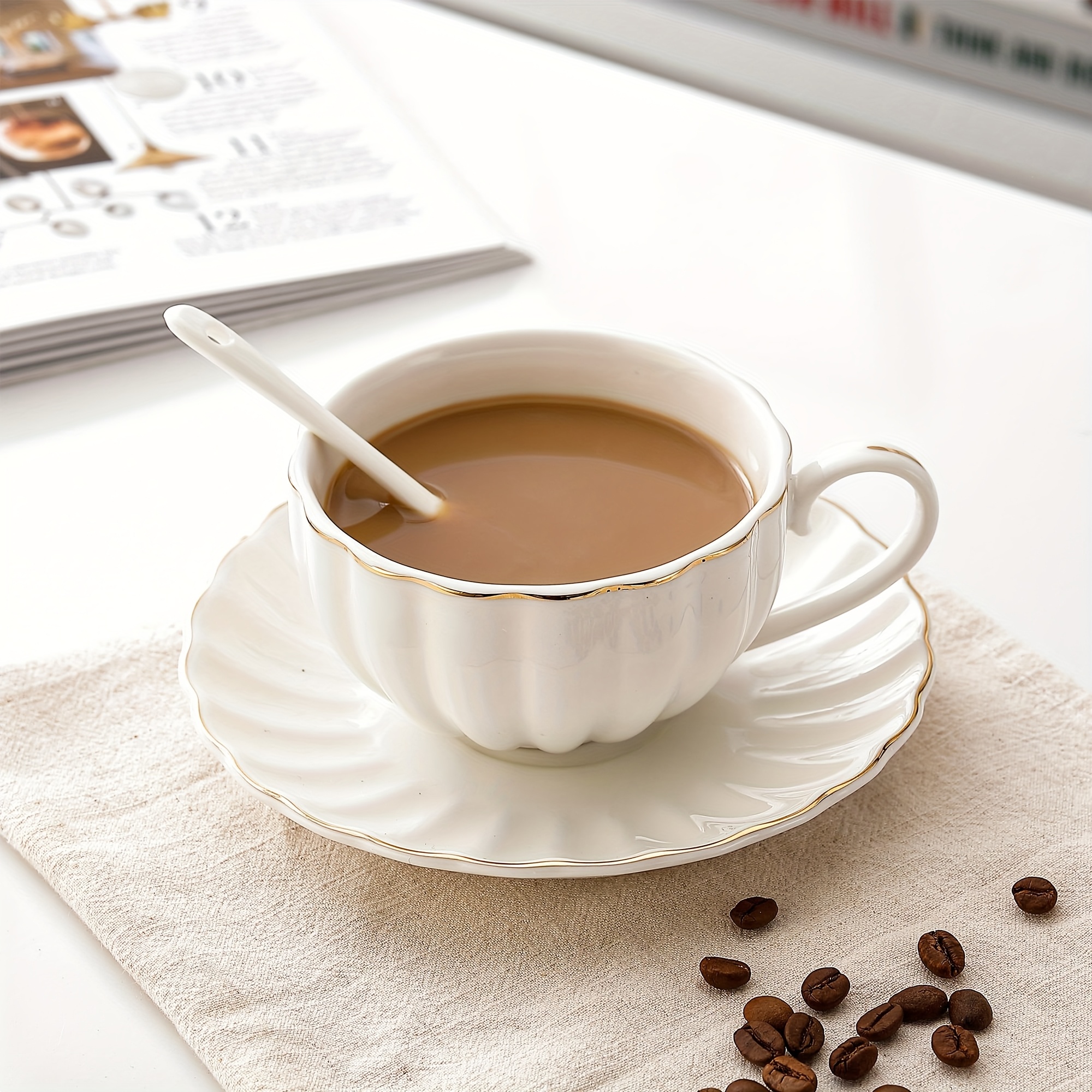 TEMU 8 Oz White Ceramic Coffee Cups And Saucers, Spoons, Golden Decorated Ceramic Coffee Cups And Saucers, Parties, Holiday Gifts