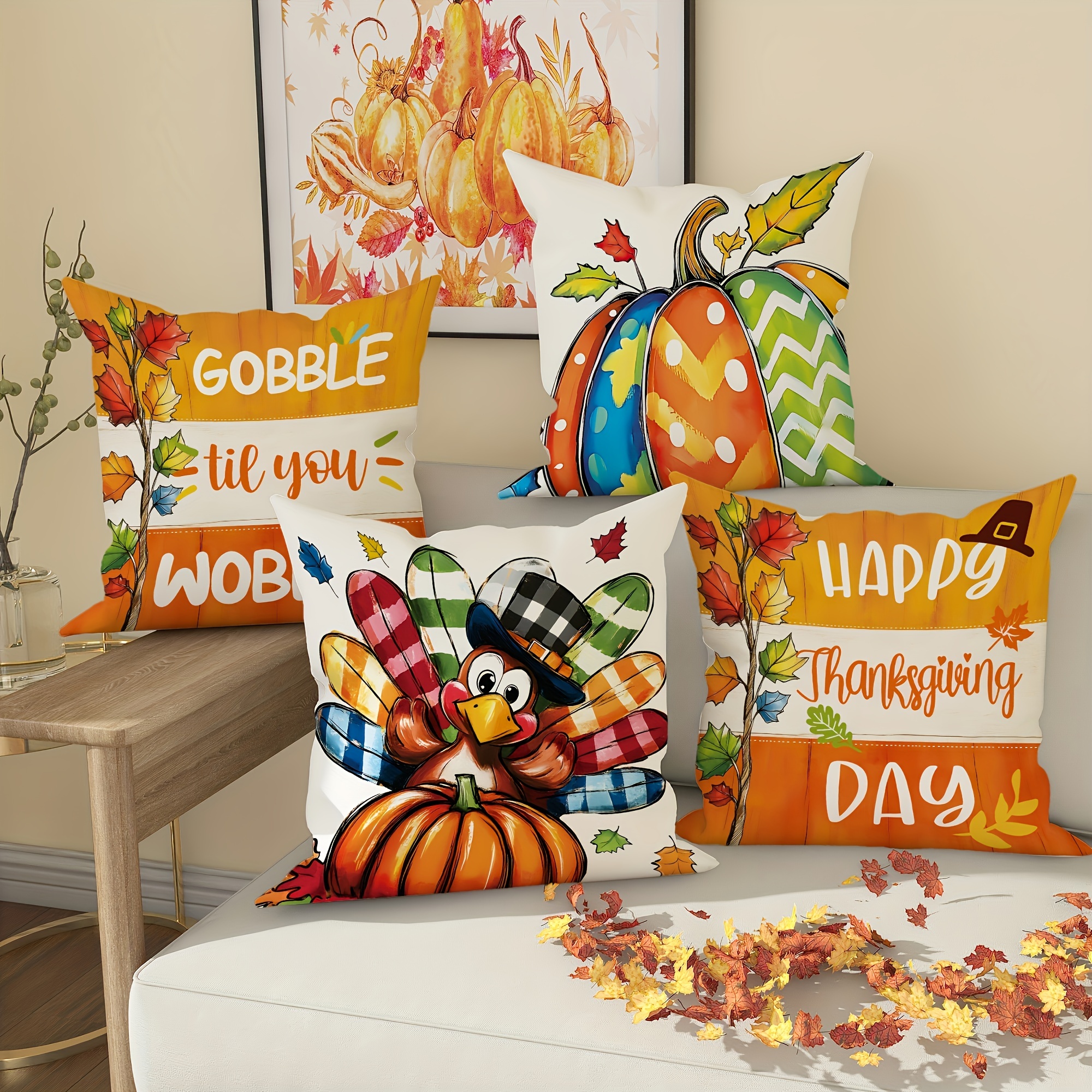 

4-pack Contemporary Thanksgiving Turkey And Autumn Throw Pillow Covers - 18x18 Inch Zippered Polyester Cushion Cases, Machine Washable For Home Decor, Sofa And Bedroom (inserts Not Included)