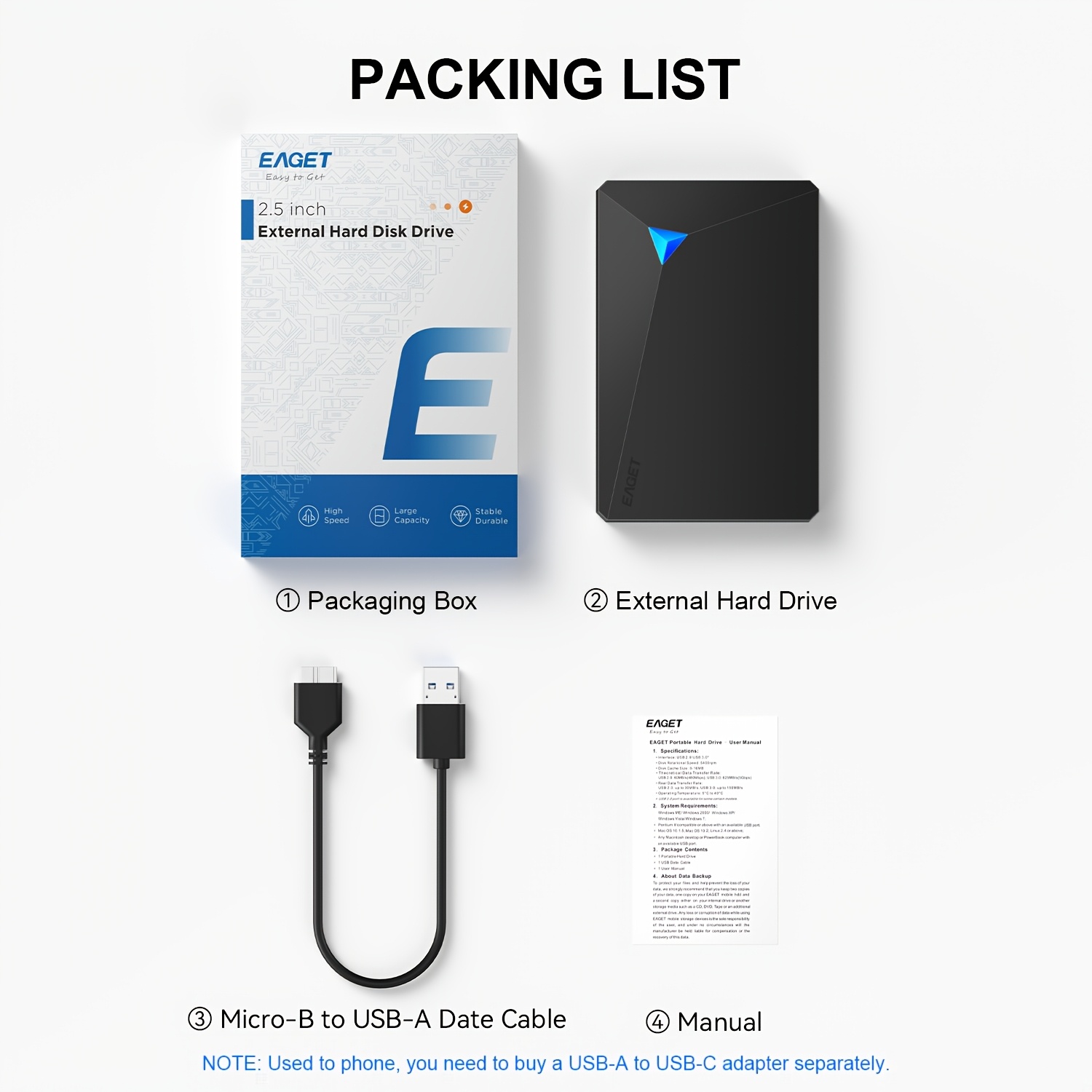 Image of Eaget 250gb 320gb 500gb 1tb External Hard Drive, Portable Storage Expansion Hdd, Usb 3.0 & Usb-a For Pc, , Desktop, Laptop, Ps4, One, 360, Office & Game, Black, With To Usb- Transmission Cable