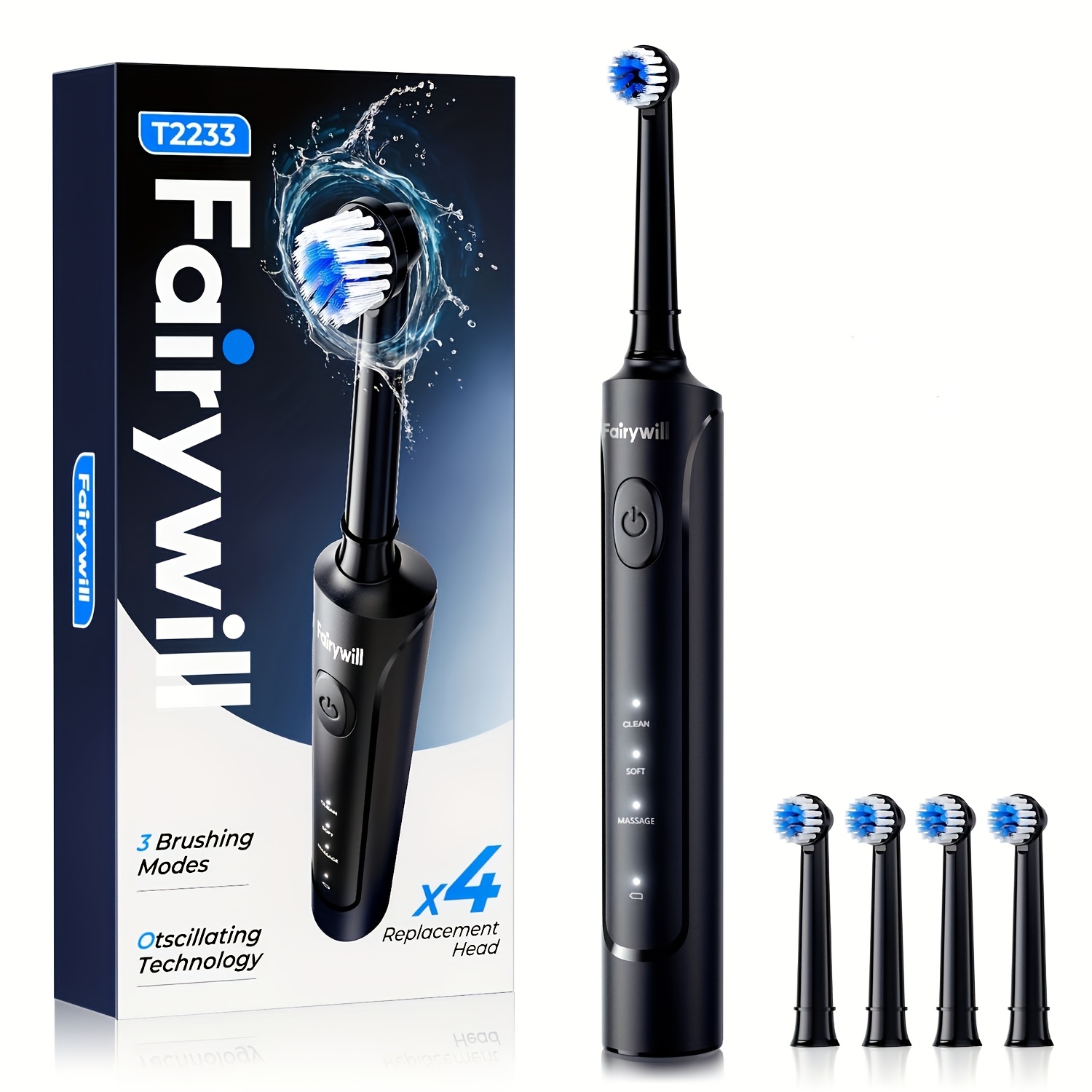Image of Fairywill Rotating Electric Toothbrush For Adults | Rechargeable Spin Toothbrush With Usb Charging Base, 4 Brush Heads, Black | Ideal Gift For