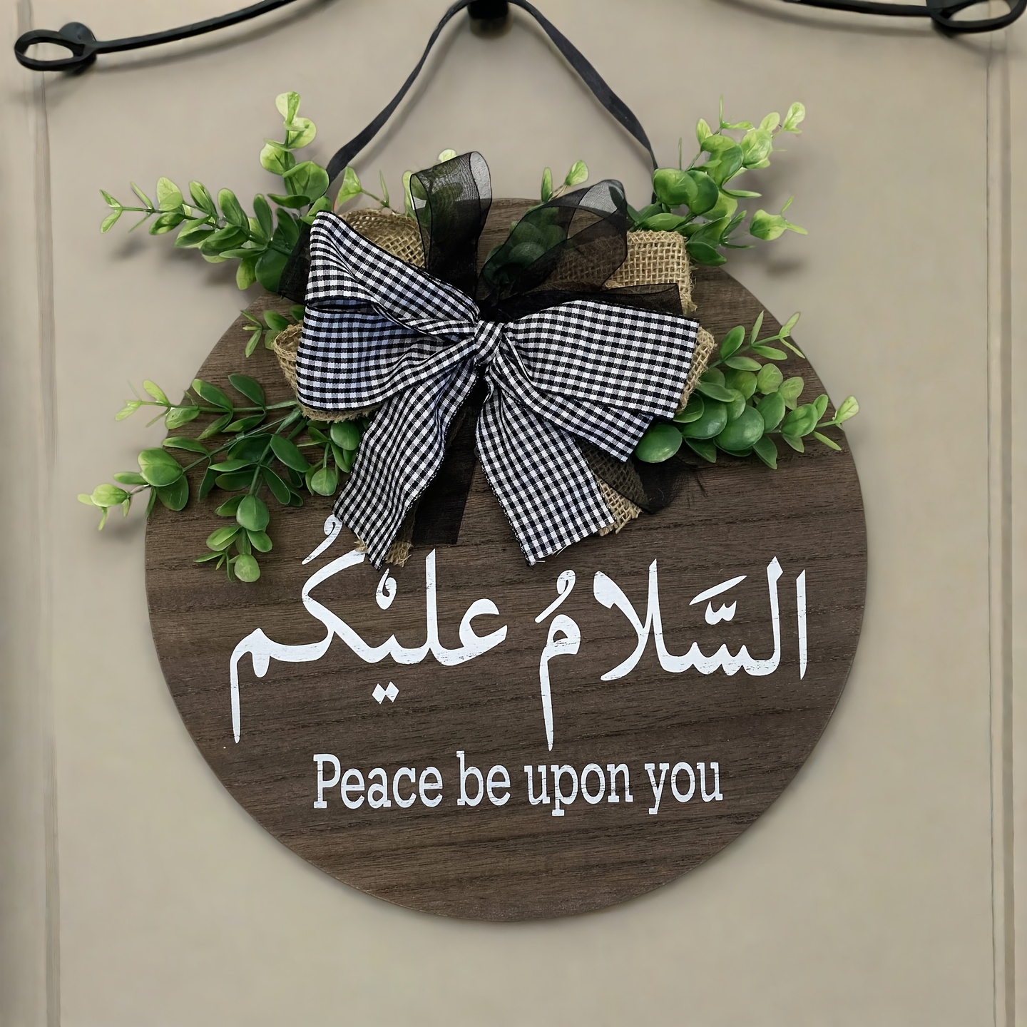 Image of Round Wooden Eid Calligraphy Arabic Hanging Welcome Modern Wall Decor Hello Salam Front Door Sign Wall Sign