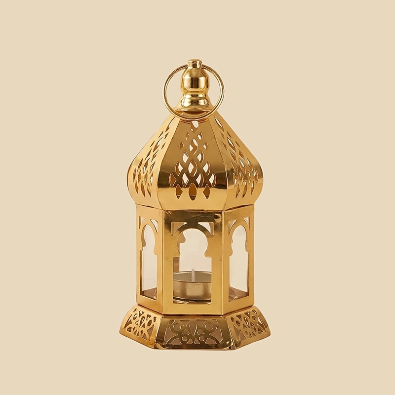 TEMU Moroccan Lantern Golden Decorative Candle Holder For Ramadan Decor, Hanging, Outdoor Patio Or Porch, Indoor Home Decor, Garden Decoration Metal