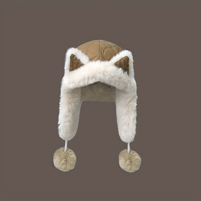 womens winter hat   ears beige white plush beanie stretchy cold weather ear flaps lightweight warm winter cap for everyday formal outfits cute animal ear design winter accessories coldproof headwear   fashion accessory Product details 2