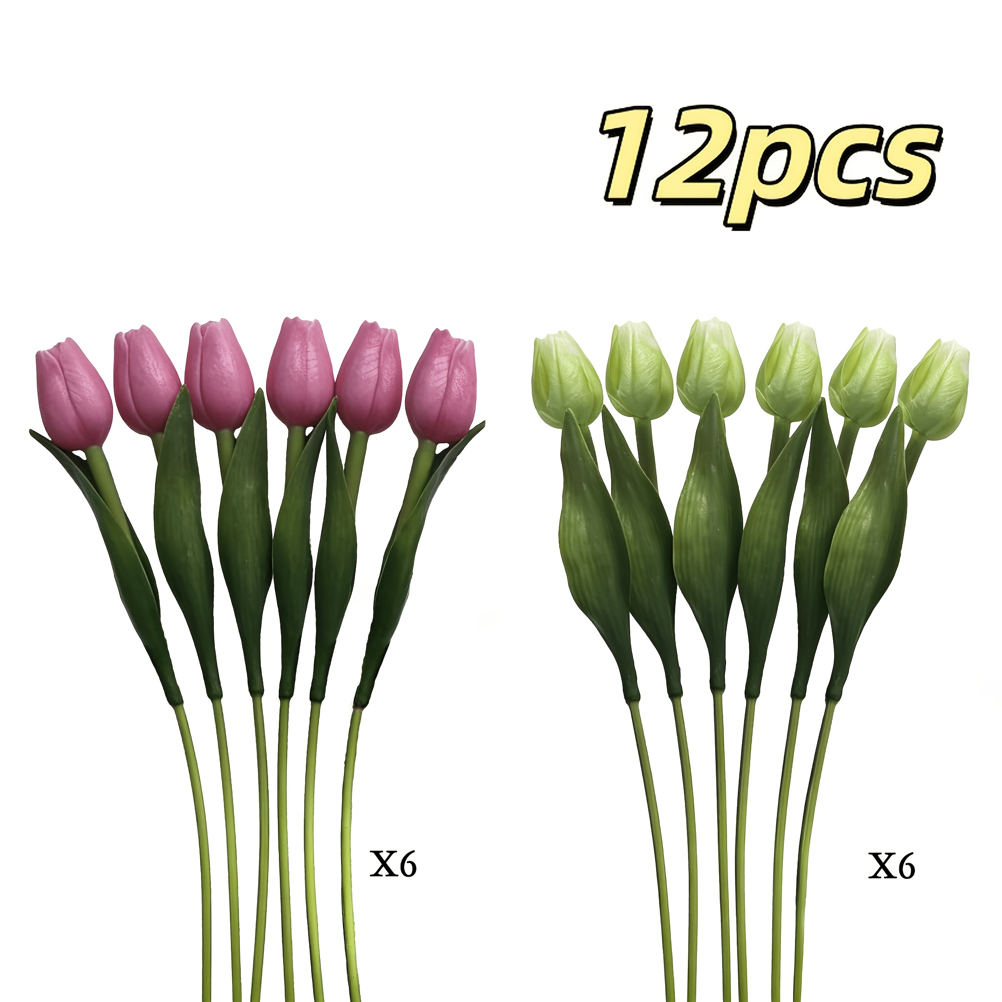 12-pack Artificial Tulips | Pink And White Plastic Flowers For Home, Office, Weddings, Mother's Day - No Vase Included