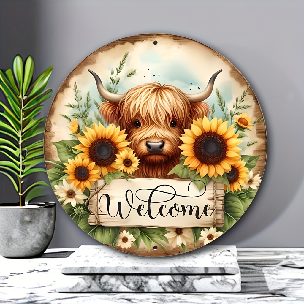 

Highland Cow & Sunflower Welcome Sign - 8"x8" Round Aluminum, Perfect For Home, Office, Garden Decor | Versatile Indoor/outdoor Wall Art