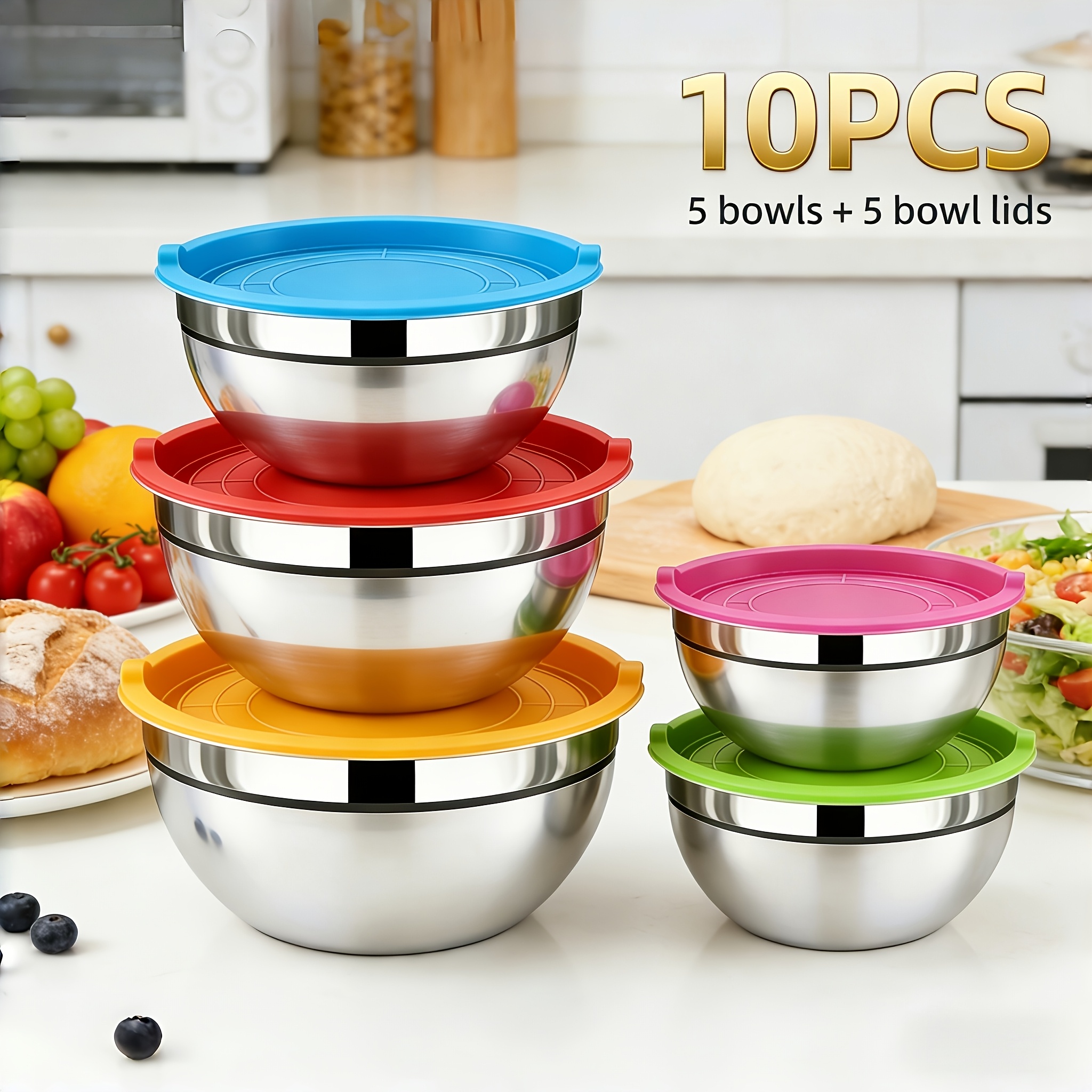TEMU Ensemble de bols à mélanger en acier inoxydable 15/10 pièces avec couvercles hermétiques - Bols et couvercles et outils de cuisine, accessoires