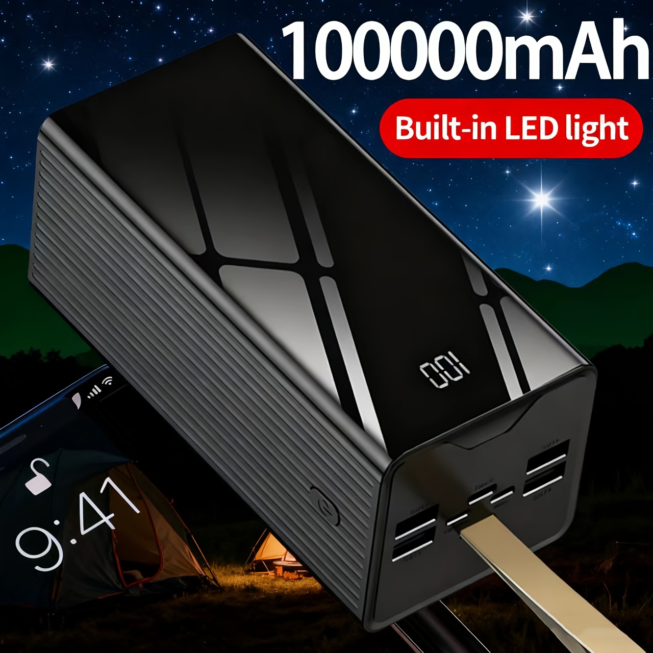 Image of 100000mah High-capacity Power Bank, Fast Usb Charging, With Camping Light/ Display, Outdoor Emergency Battery Pack, Suitable For Iphone, Devices Outdoor Travel/camping Battery Pack, Holiday Gift