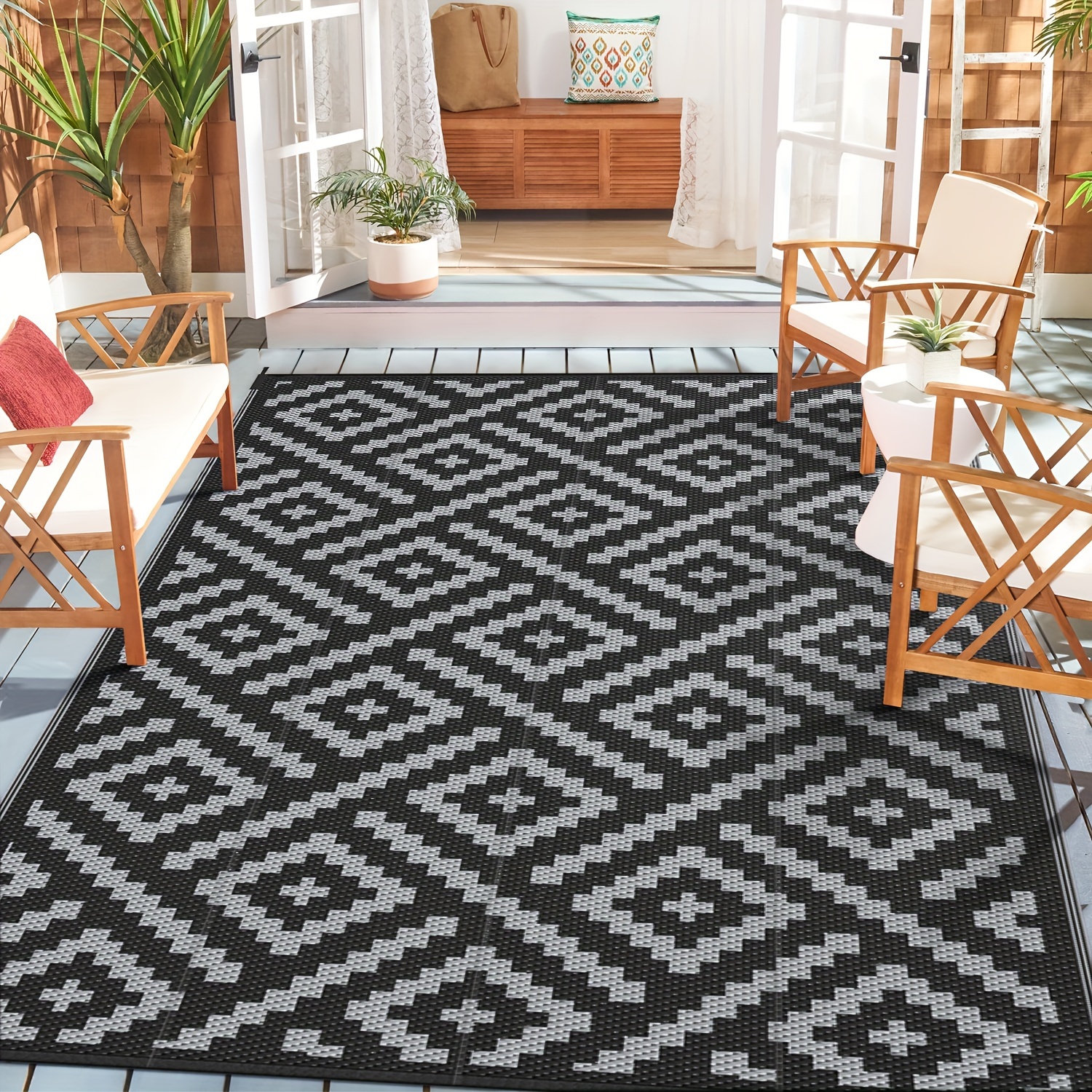 

Outdoor Rug For Patio Clearance, Reversible Plastic Camping Rugs, Black & Gray