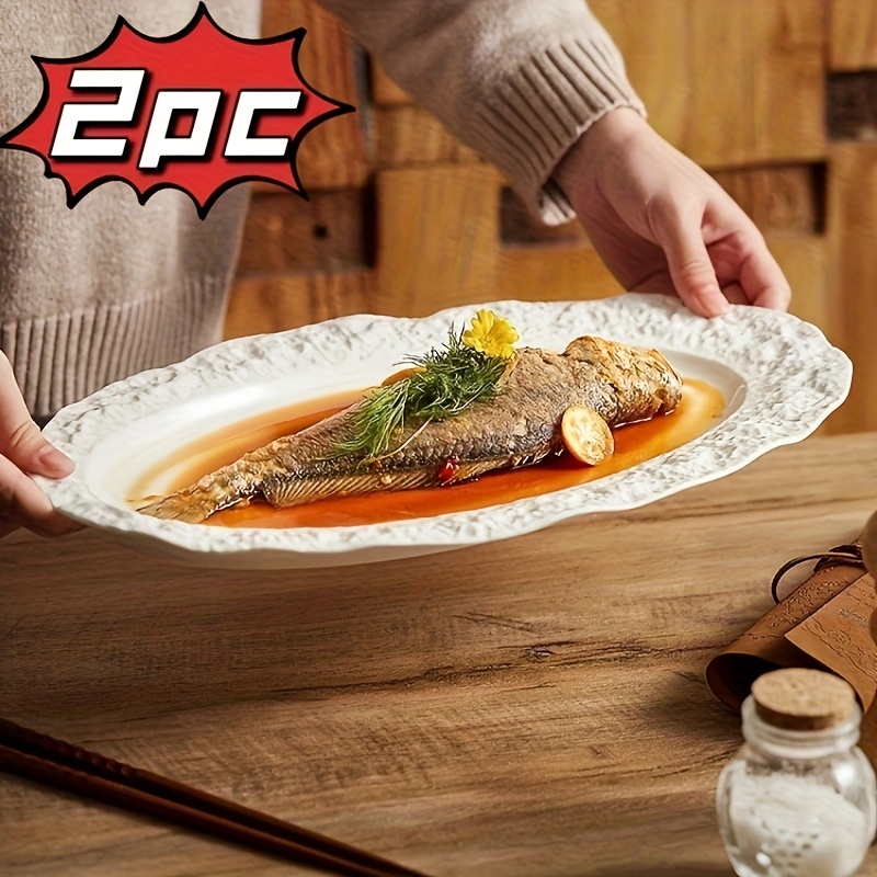 2pcs Elegant Ceramic Fish Platters with Rock Pattern Large/Medium/Small,  Oval Design, Premium Dining Tableware for Restaurants and Home Use