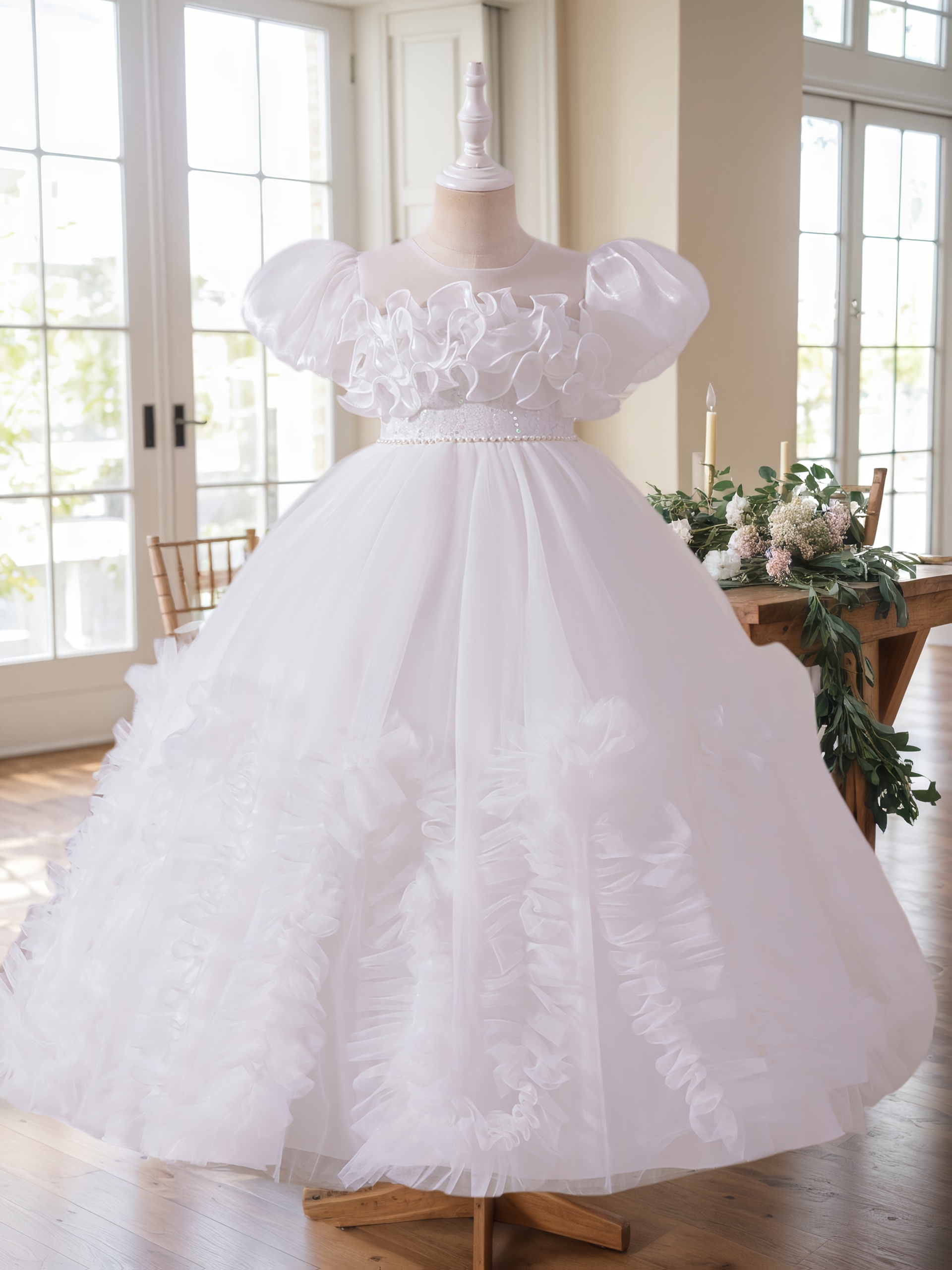 sachin and babi light blue dress This Holy Communion dress is a graceful and elegant white gown that  beautifully captures purity and innocence. The bodice features delicate  embroidery with subtle beadwork, adding a soft shimmer and refined detail