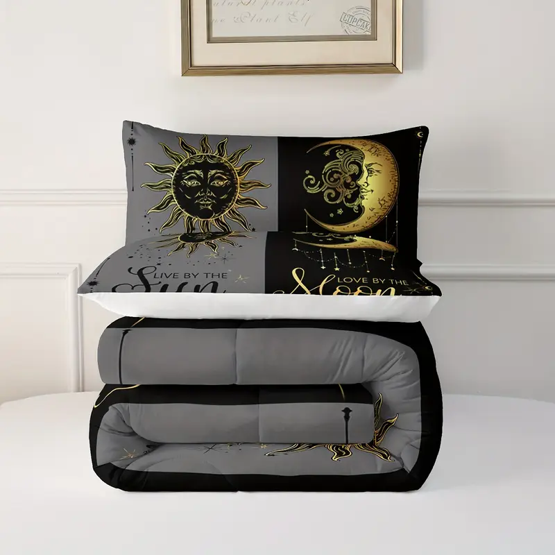 3 pcs couple comforter set sun and moon themed printed bedding queen and king comforter set for adults elegant and comfortable down comforter set 1 comforter 2 pillowcase without core Product details 3