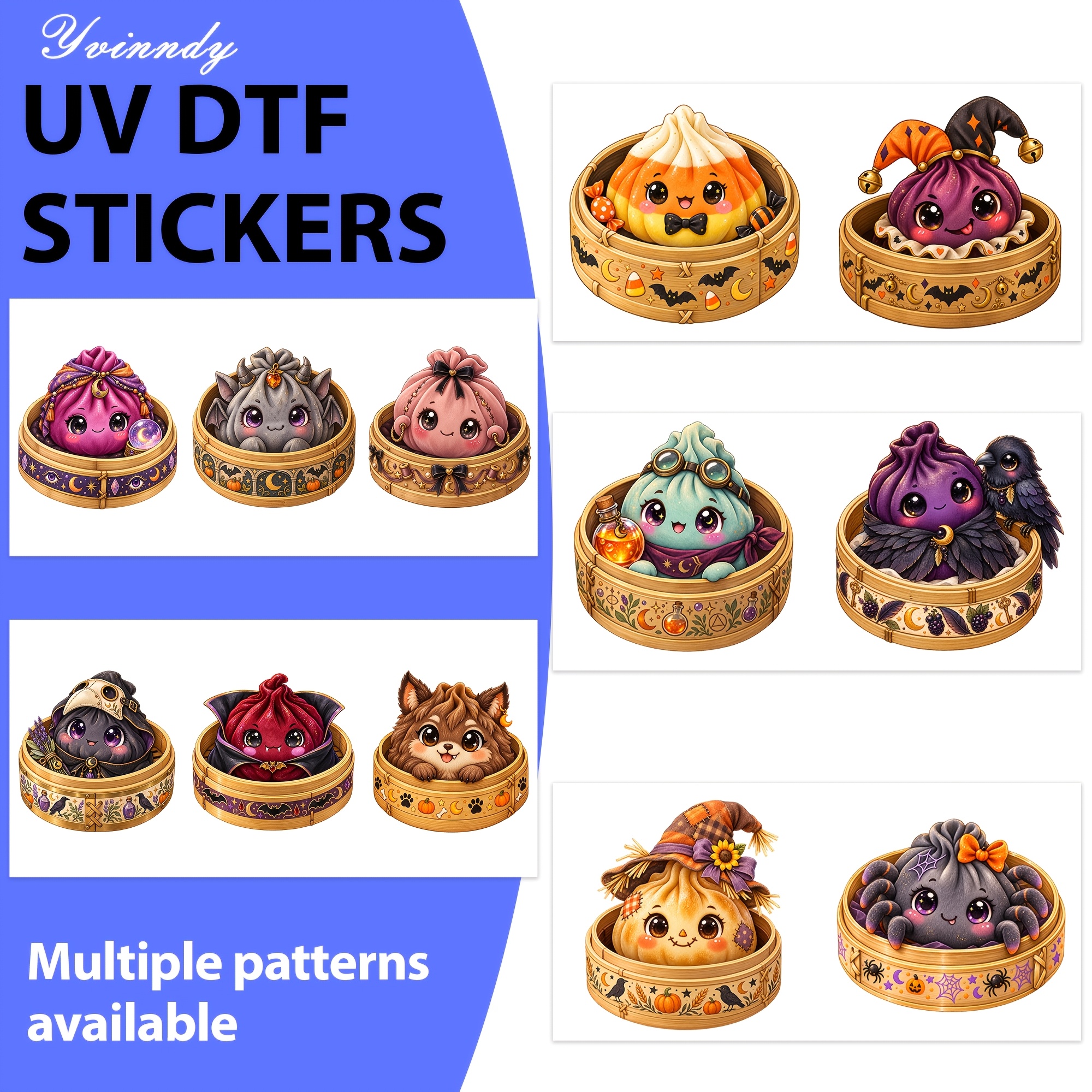 TEMU Set aus 5 Halloween-Themen-Dumpling-Charakter-UV-DTF-Transfers, die wasserdicht und kratzfest sind, ideal zum Dekorieren von 16-Unzen-Bechern,