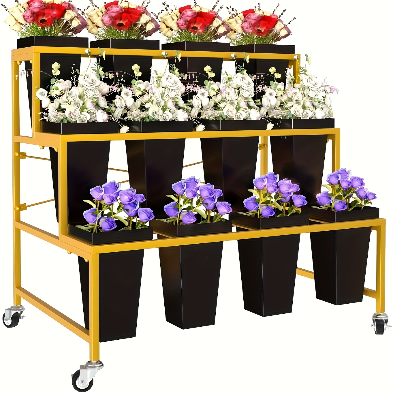 Image of Lhysn Flower Stand, Three-tiered, Metal Plant Holder With 12 Plastic Flower Pots, Movable, Sturdy Flower Cart, Flower Shelf For Indoor And Outdoor Use, Terrace, Garden, Living Room, Florist.