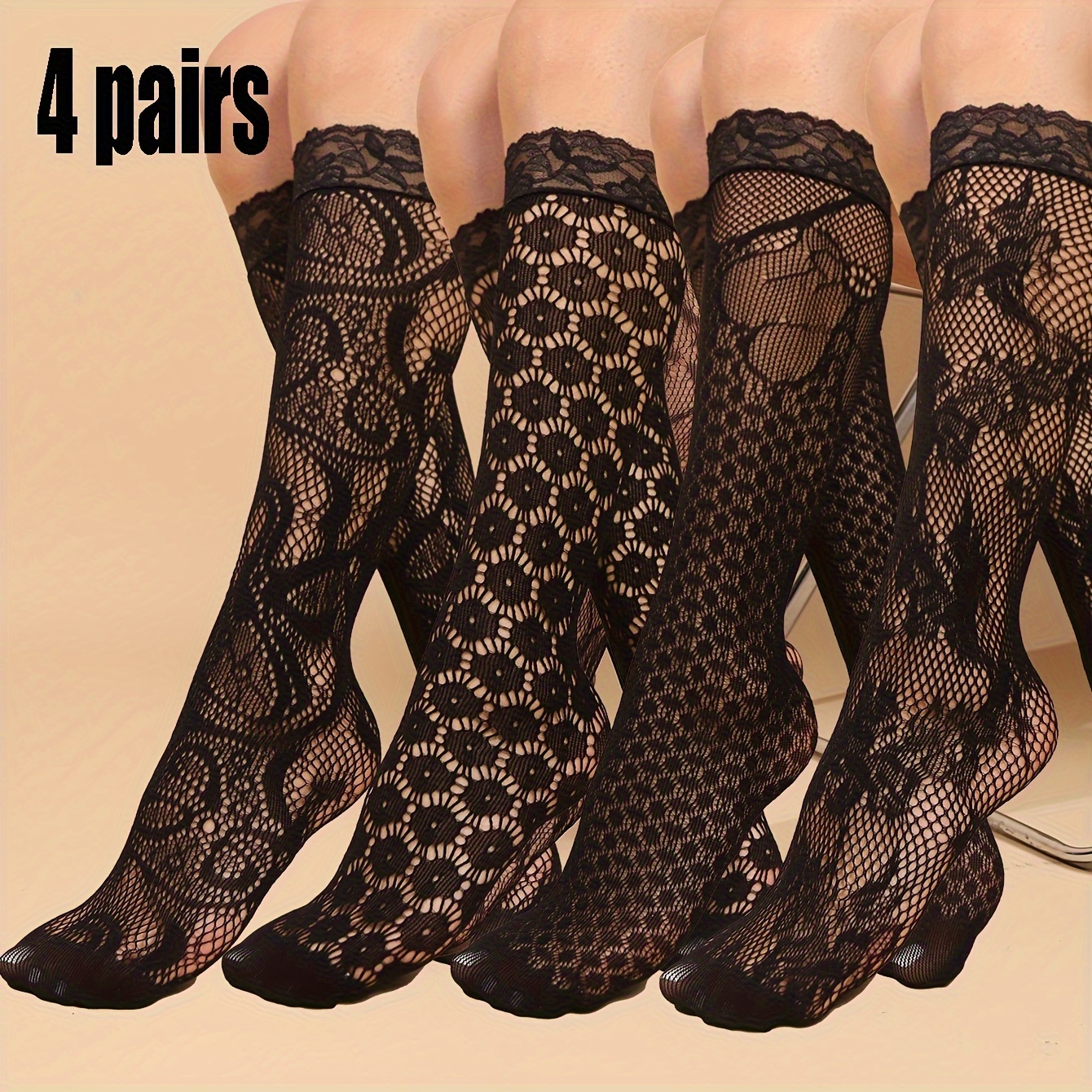 4 Pairs Of Women's Lace Mid-calf Socks, Lightweight Summer Socks, Socks For Women, Knee-high Styles