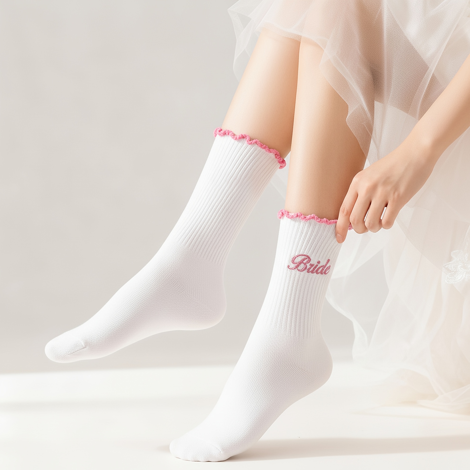 Image of Bridal Socks, Soft And Cozy With Embroidery And Lettuce Trim, Perfect Gifts For Bridal Showers, Engagements, And Weddings, Socks Mrs., -to-be Bride, And Bride-to-be, Stylish Socks, Photo Props
