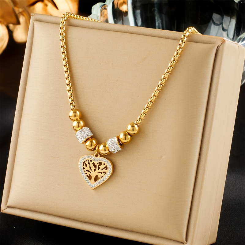 

18k Gold Plated Stainless Steel Necklace With Rhinestone Accents, Party Style Heart-shaped Tree Of Life Pendant, European American Fashion Simple Beaded Chain Jewelry