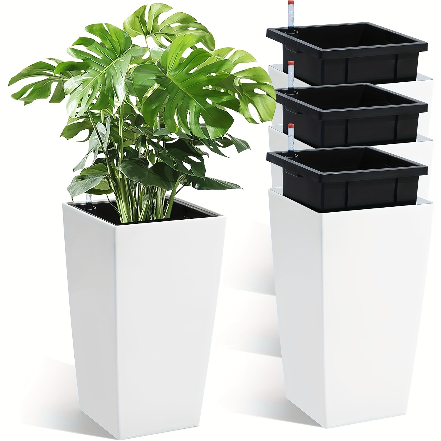 2 pc 4 pc 16 inch tall planters outdoor and indoor black planter pots with drainage holes water level monitor inner bucket and automatic watering system   front porch and garden