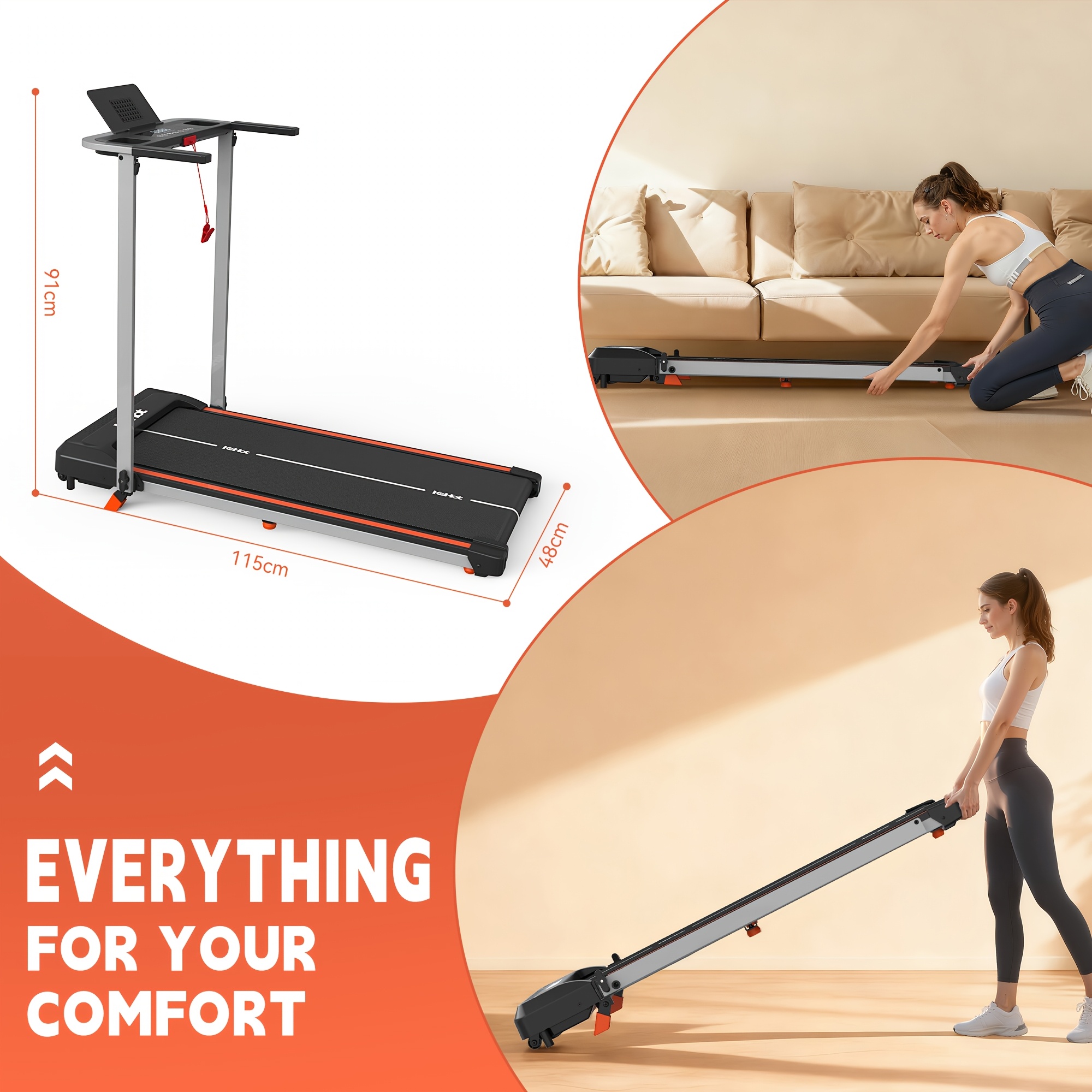Image of Kehot Home Treadmill With App, 1-12km/h Running Machine With Led Display, & Compatible, 0.75hp Motor, 125kg Capacity, Compact Fitness Treadmill, Without Battery
