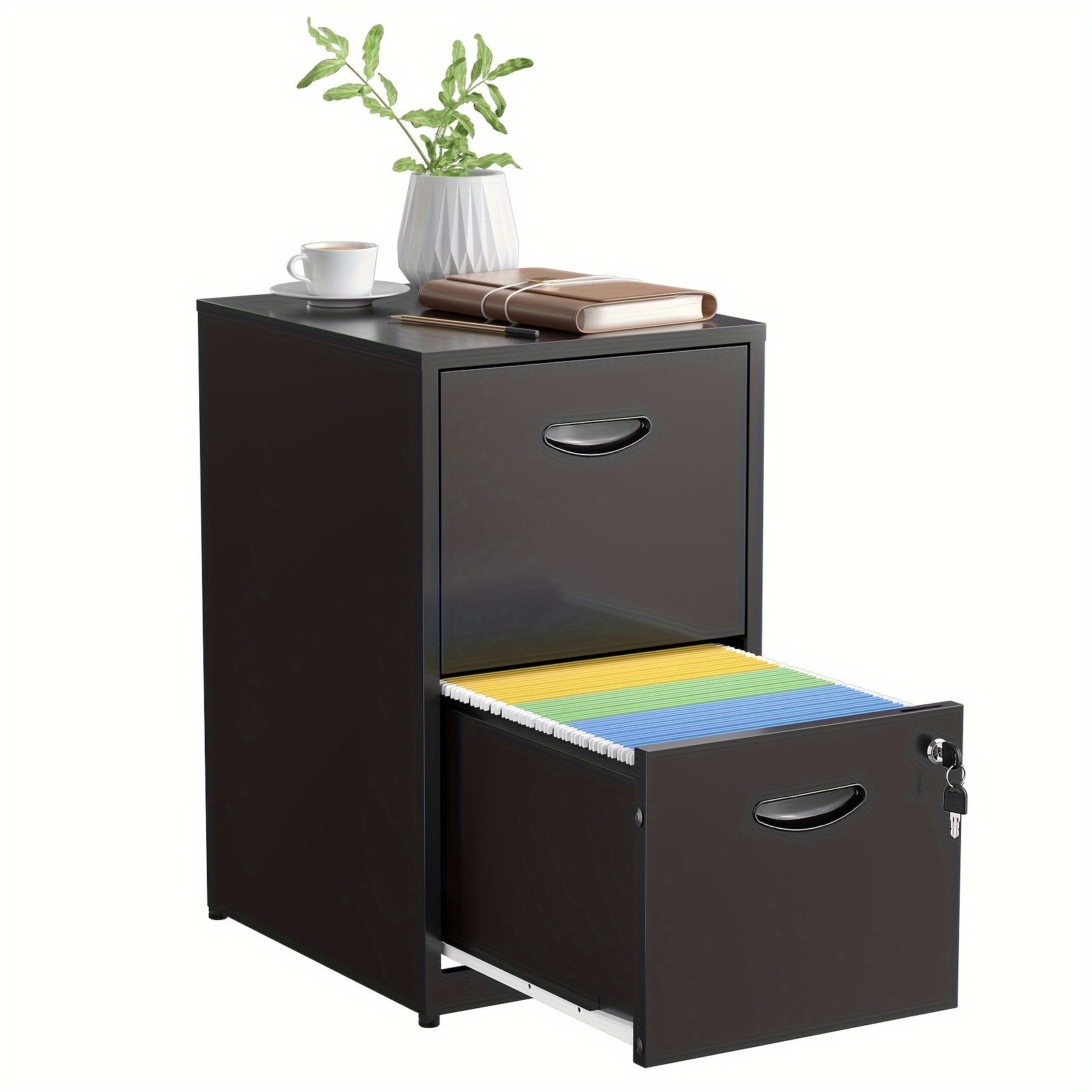 

2-drawer Locking File Cabinet, Modern Black Metal Storage Organizer With Shelf, & Compact For Home Office/lab - Easy , Letter Size Capacity, Desktop Storage Organizer