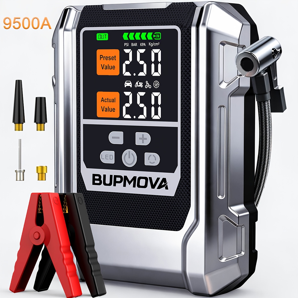 9500a Car Jump Starter With Air Compressor, Emergency Supply, Cordless Tire Inflator, With Power Bank, Jump Box With Led Light Lcd Screen (up To 14.0l And All Displacement Gasoline Engines)