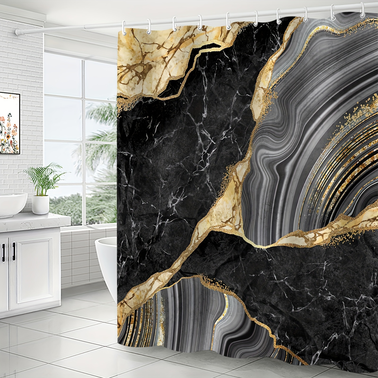 

Modern Black & Golden Marble Shower Curtain - Waterproof Polyester With Hooks, Machine Washable Bathroom Decor