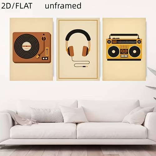 item picture 2d flat 2d flat3pcs frameless canvas poster radio headphones and record posters decoration bedroom office living room coffee shop bar home and wall decoration