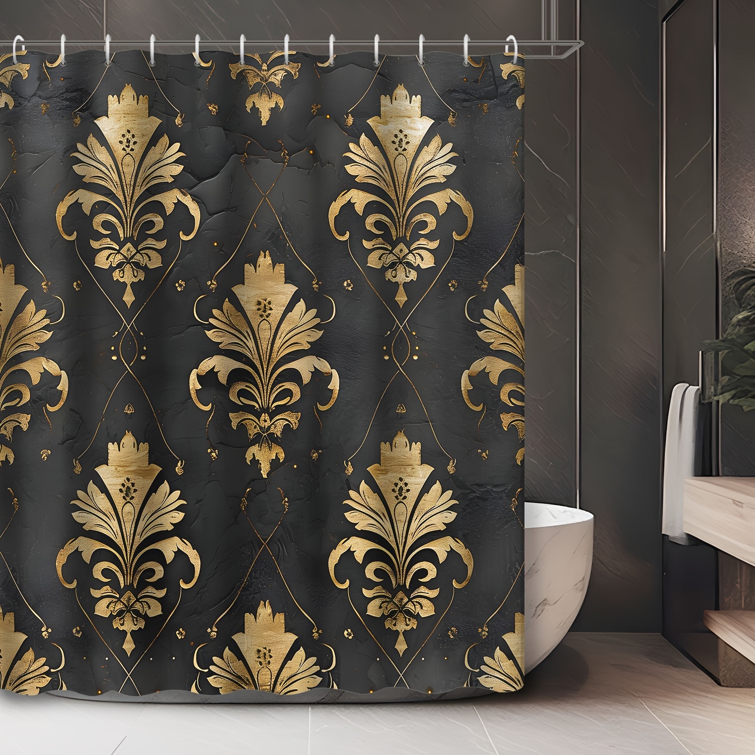 

1pc Retro Baroque Traditional Golden Pattern Shower Curtain, Bathroom Decoration, Including Waterproof Shower Curtain And 12 Plastic Hooks, Bathroom Accessories