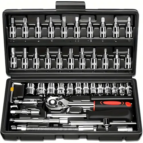 46pcs tool kit premium tool sets for car bike and motorcycle maintenance compact portable and all in with ratchet wrench assorted screwdriver set without battery