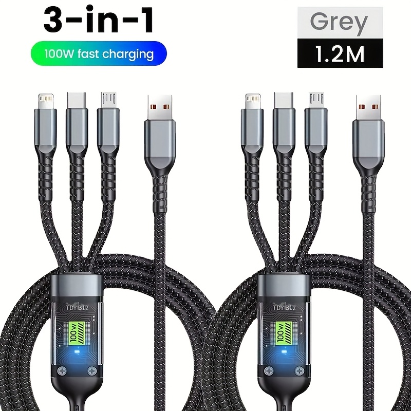 

2pcs 3 In 1 100w Transparent Fast Charging Cable Type C Usb Micro For Iphone Huawei Oppo Vivo Samsung Xiaomi Pilot Lamp Charger Usb C 6a