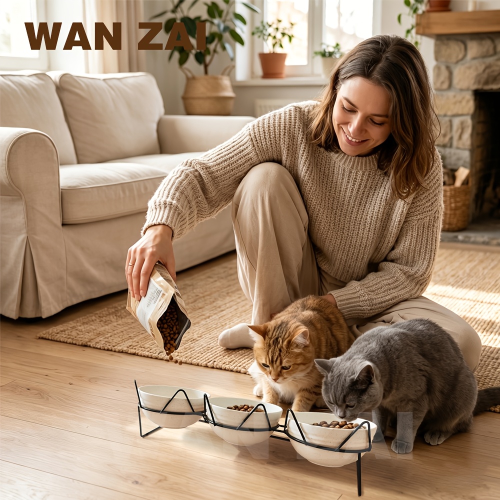 3pcs wheat straw bowls   tilted elevated cat bowls   color high   three bowl feeder anti vomiting neck protection non slip bracket   to clean large capacity multi     Product details 4
