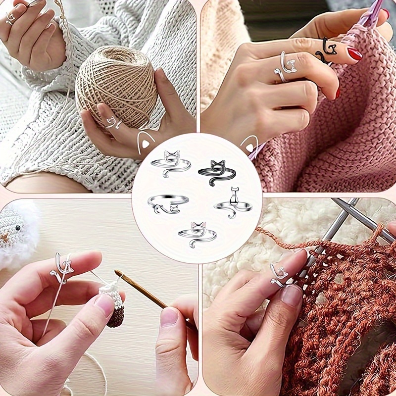 FOUSNOW 6 Pcs Crochet Ring, Adjustable Knitting Crochet Tension Ring For Finger, Finger Loop Cat Yarn Rings Guide Knitting Thimble, Faster Knitting Accessories For Mother Grandma