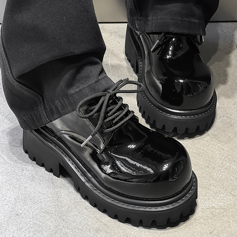 Punk Style Metal Buckle Platform Shoes, Glossy Patent Round Toe Shoes, Street Trend Dark Style Casual Shoes