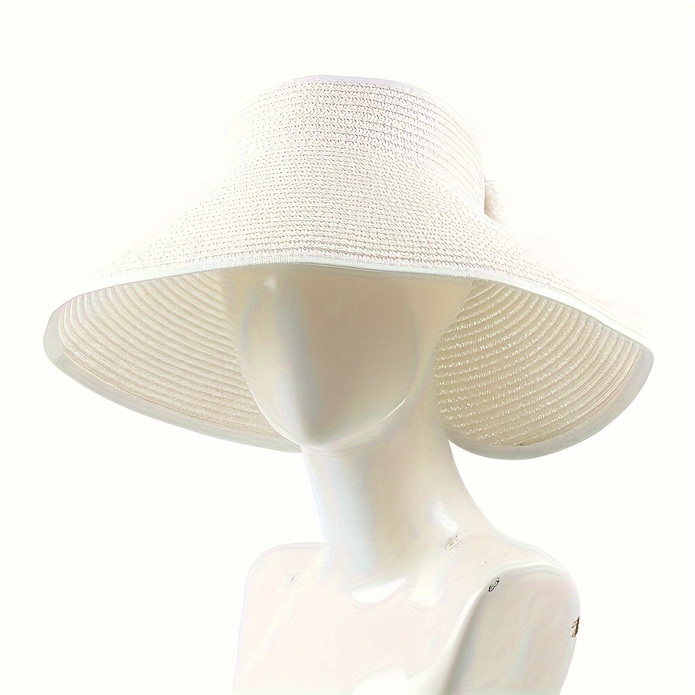 Foldable Straw Visor Hat Bowknot Wide Brim Ponytail Sun Hats Elegant UV Protection Travel Beach Hats for Women Outdoor,Temu