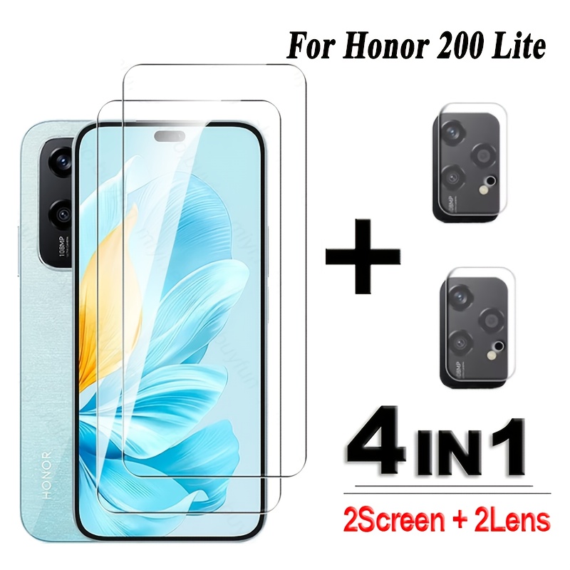 

Honor 200 Lite 4in1 2.5D Verre Trempé Protecteur d'Écran, Film de Couverture Complète Brillant avec 2 Écrans + 2 Lentilles, Couverture de Protection Résistante aux Rayures pour Honor 200 Lite 5G