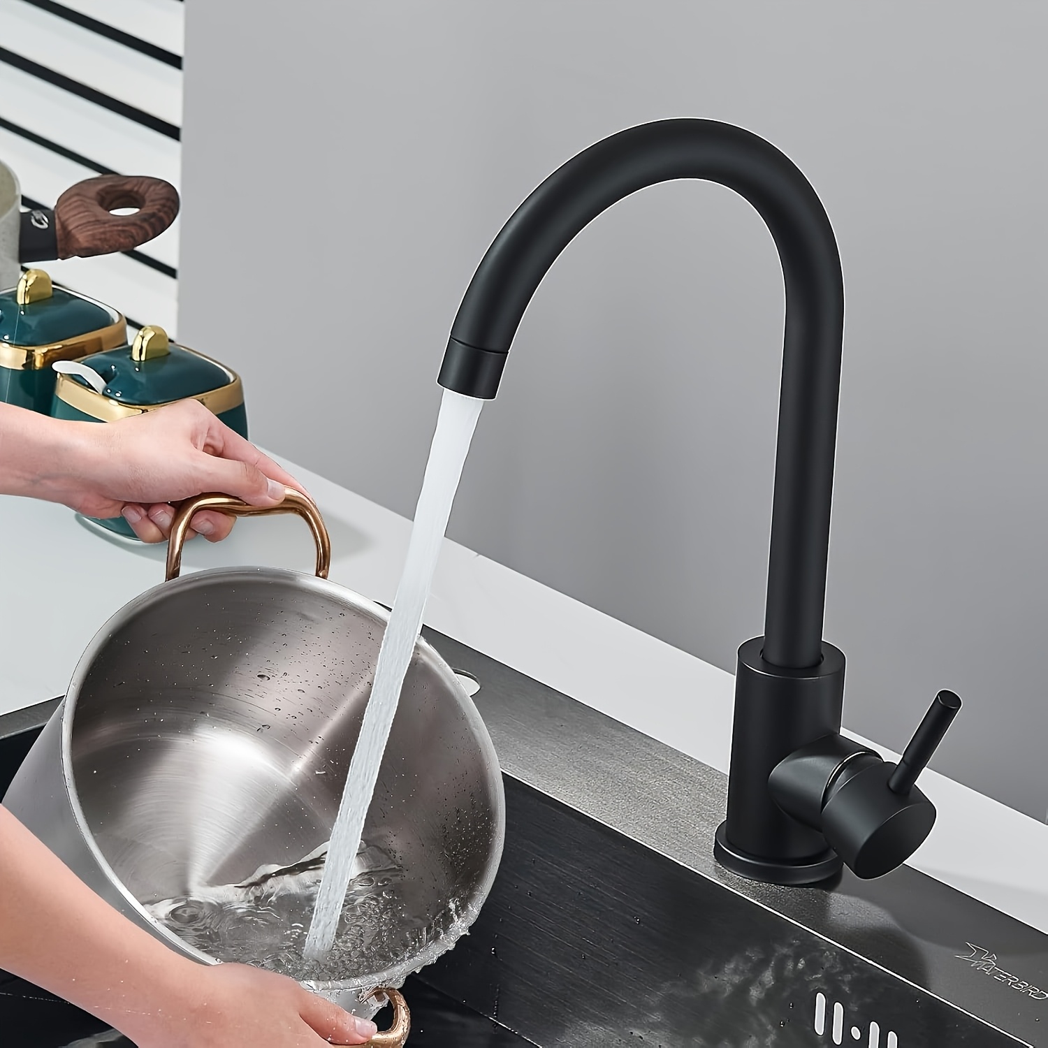Image of Kitchen Faucet, Black, , High Pressure Kitchen Tap, Mixer Tap For Kitchen With High Arc, Single Handle Faucet, Sink Faucet, Stainless Steel