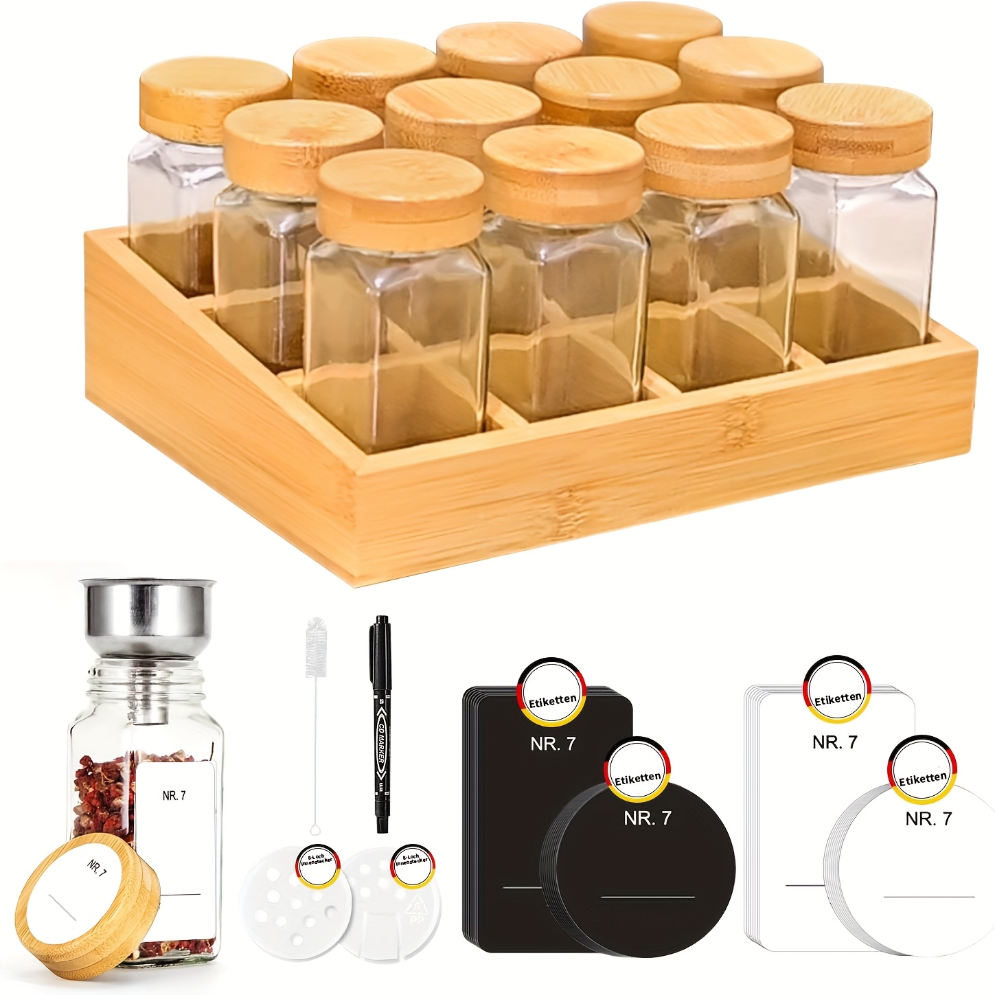 E-shop 1-tlg. Bambus-Gewürzregal mit Gläsern, Gewürzregal-Schrank-Set mit 12/24 quadratischen Gewürzgläsern, Bambus-Gewürzregal geeignet für eine