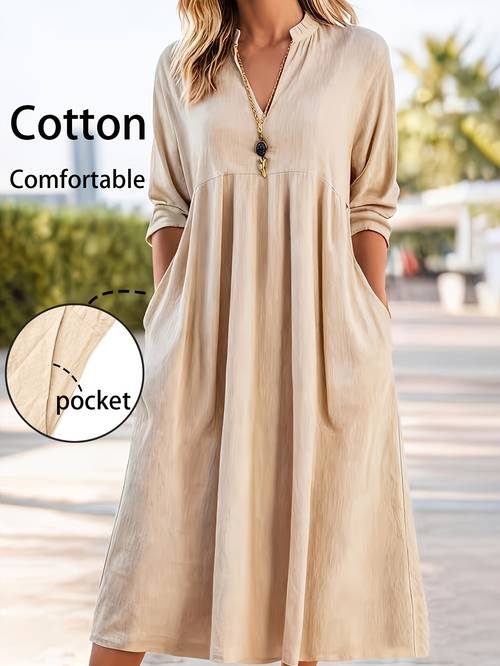 item picture womens autumn winter casual loose fashion retro three quarter sleeve v neck pocket dress suitable for daily vacation outing and shopping