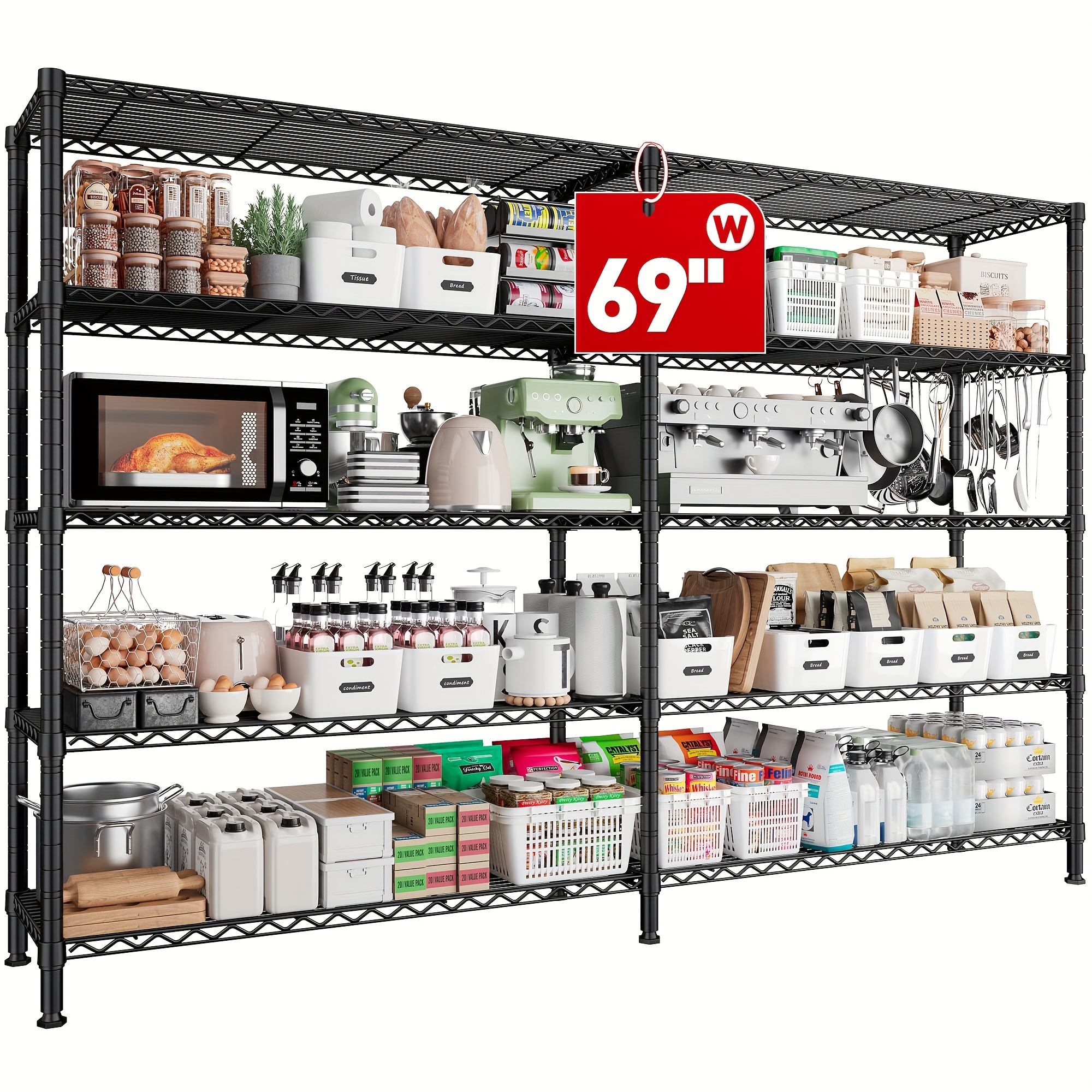 

69" Shelves, Wire Shelving 1600lb Metal Shelves For Storage 5-tier Heavy Duty Shelving With Shelf Adjustable Garage Shelving Rack Pantry Kitchen 69" W X 72.5" H X 15.75" D