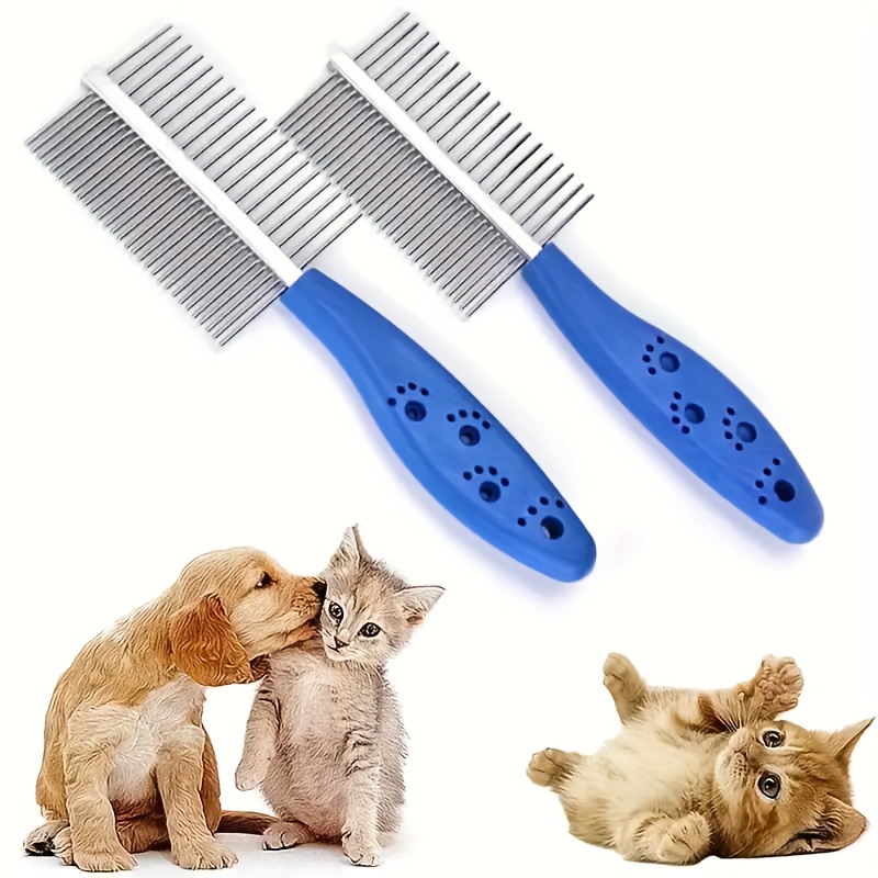 TEMU Stainless Comb With Blue Handle - Removal And Massage Brush Tool, Ideal For Shedding And Pet Care, Comfortable Grip And Cats, Pet Grooming Tool ergonomic Comb durable Pet Too